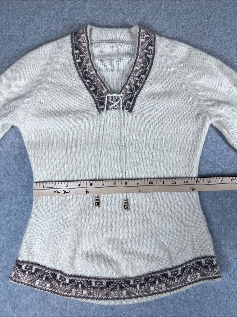 Peruvian Alpaca Knit Sweater Women's Ivory Cream with Geometric Patterned Trim - Picture 9 of 14